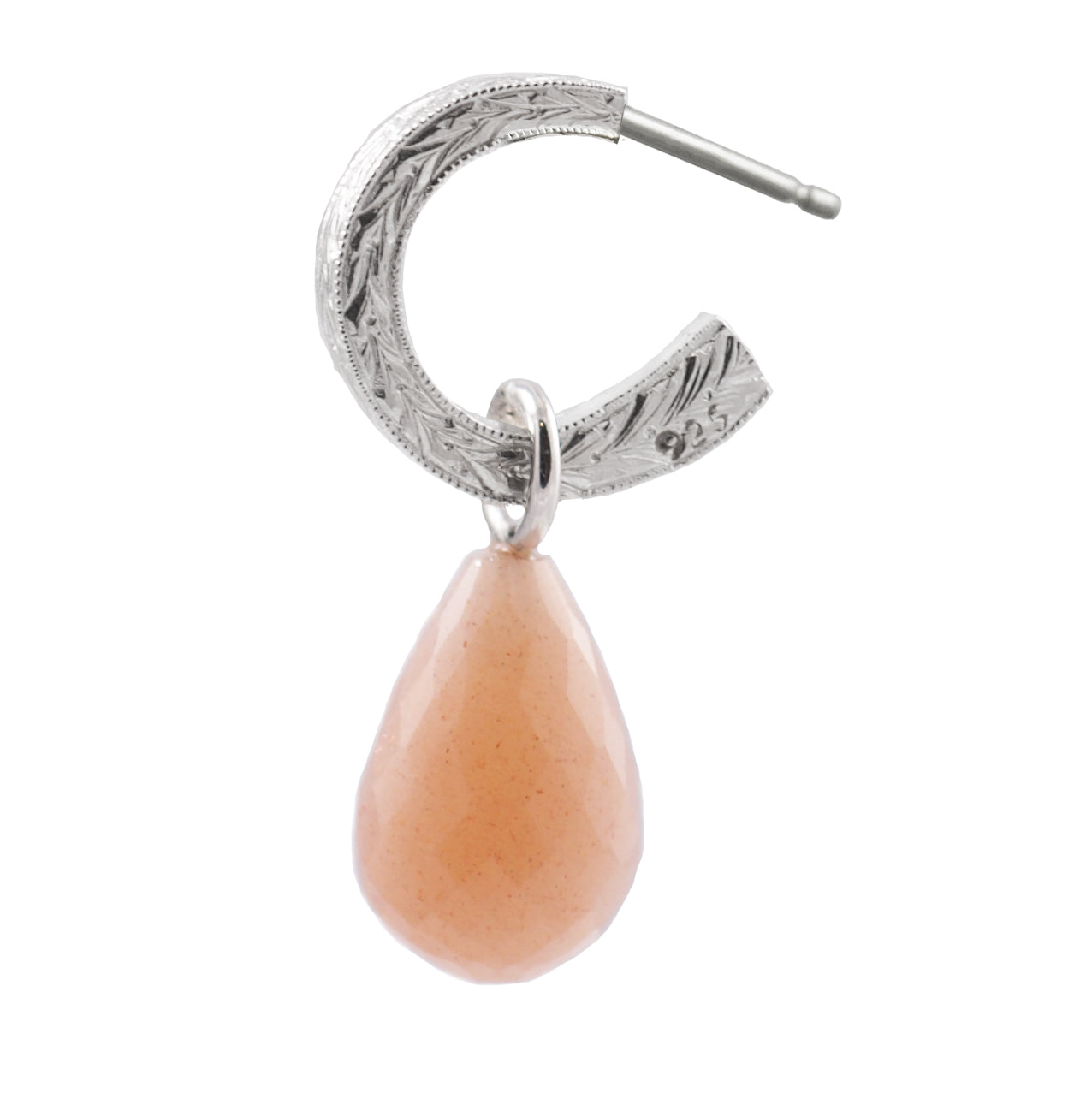 Creole earrings in silver with peach colored moonstone