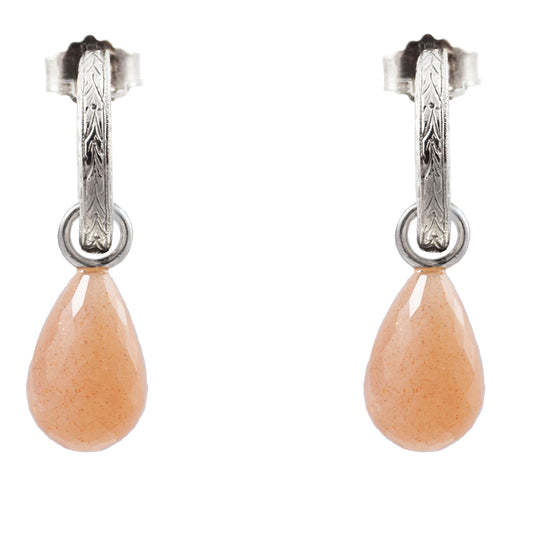 Creole earrings in silver with peach colored moonstone